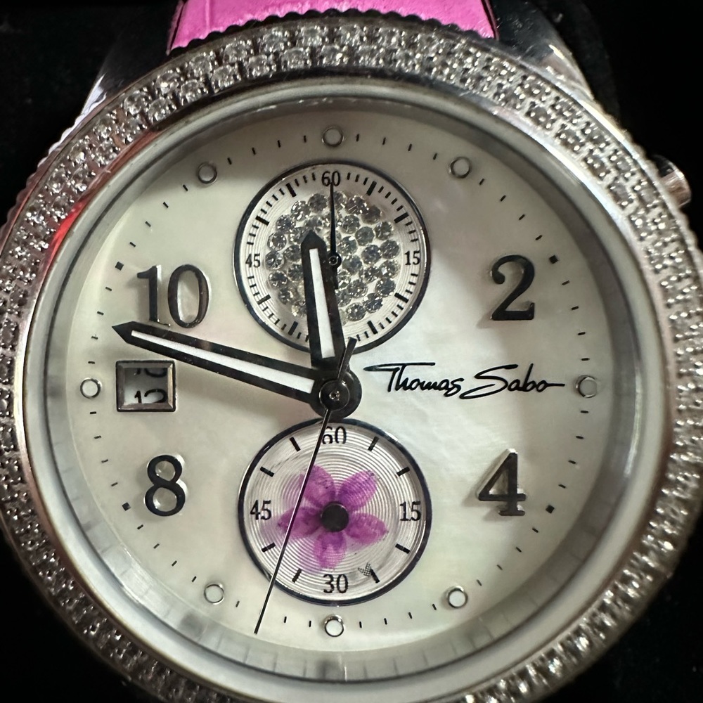 Thomas Sabo Rotating Pink Flower, CZ Stone Bezel Watch